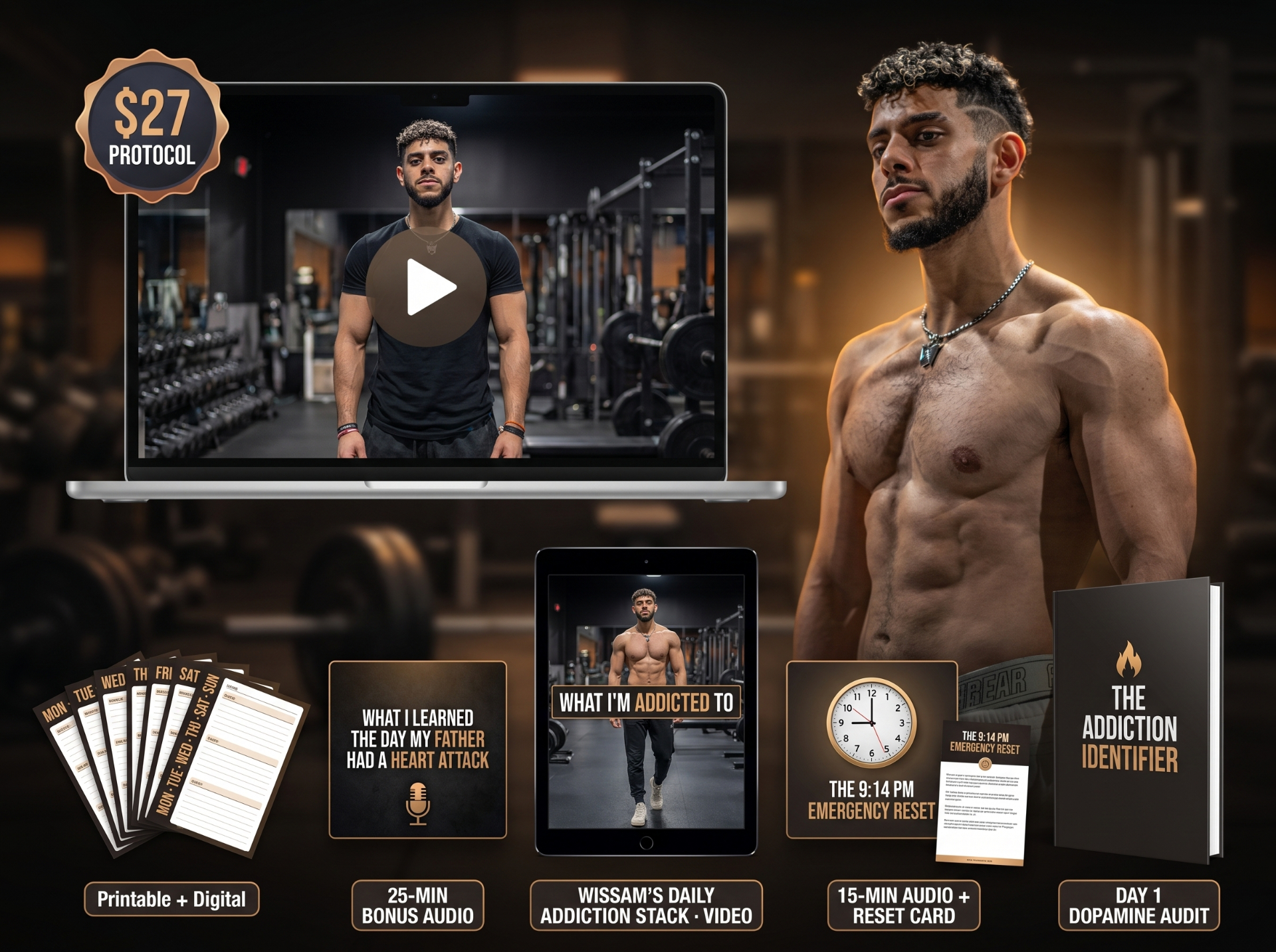Everything you get with The 7-Day Gym Addiction Protocol — video training, daily cards, bonuses, and Addiction Identifier